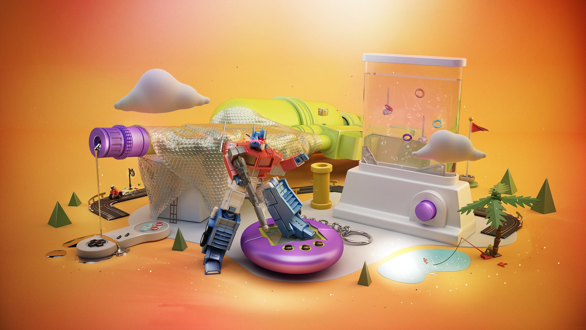 toy robot in a surreal landscape