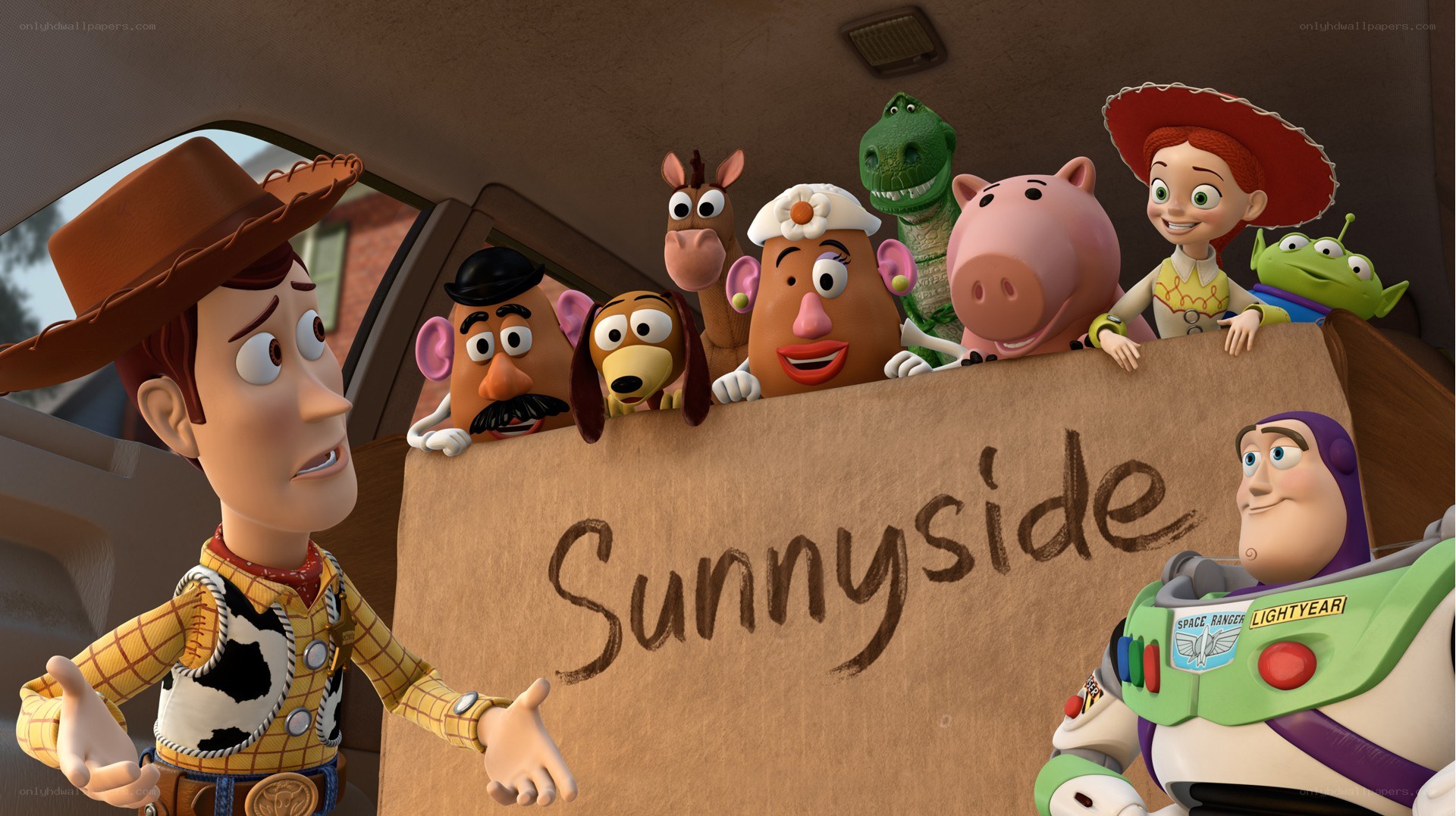 Toy Story characters in a car
