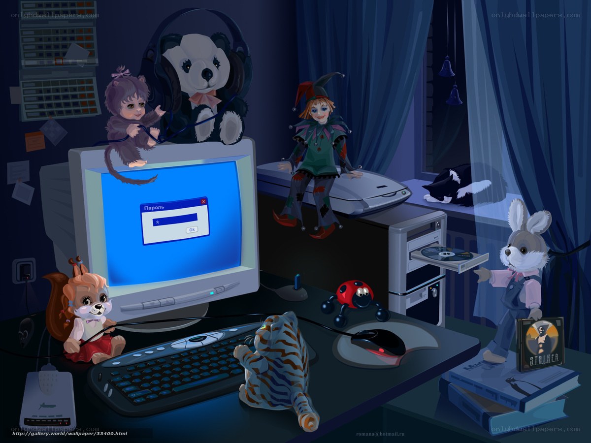 Toys at a computer desk