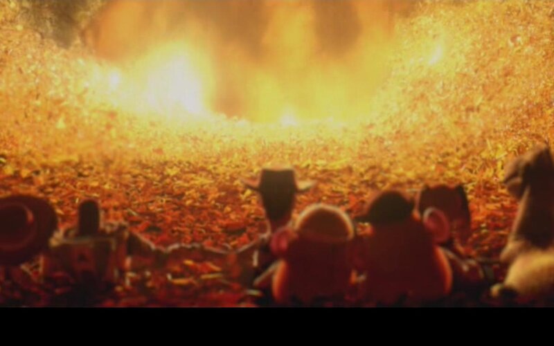 Toys watching fire explosion