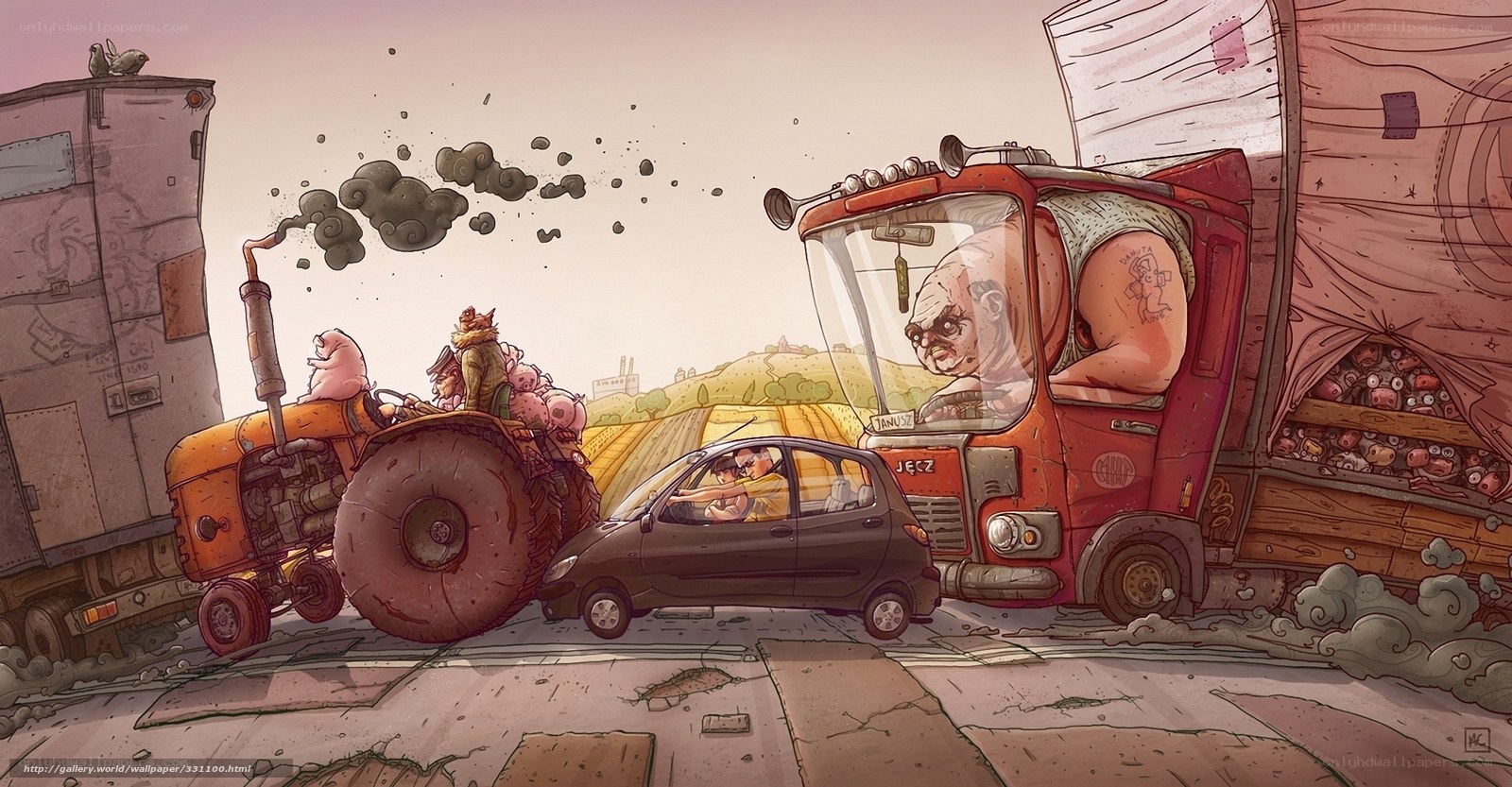 Tractor and truck collision