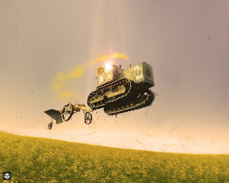 Tractor flying over a field