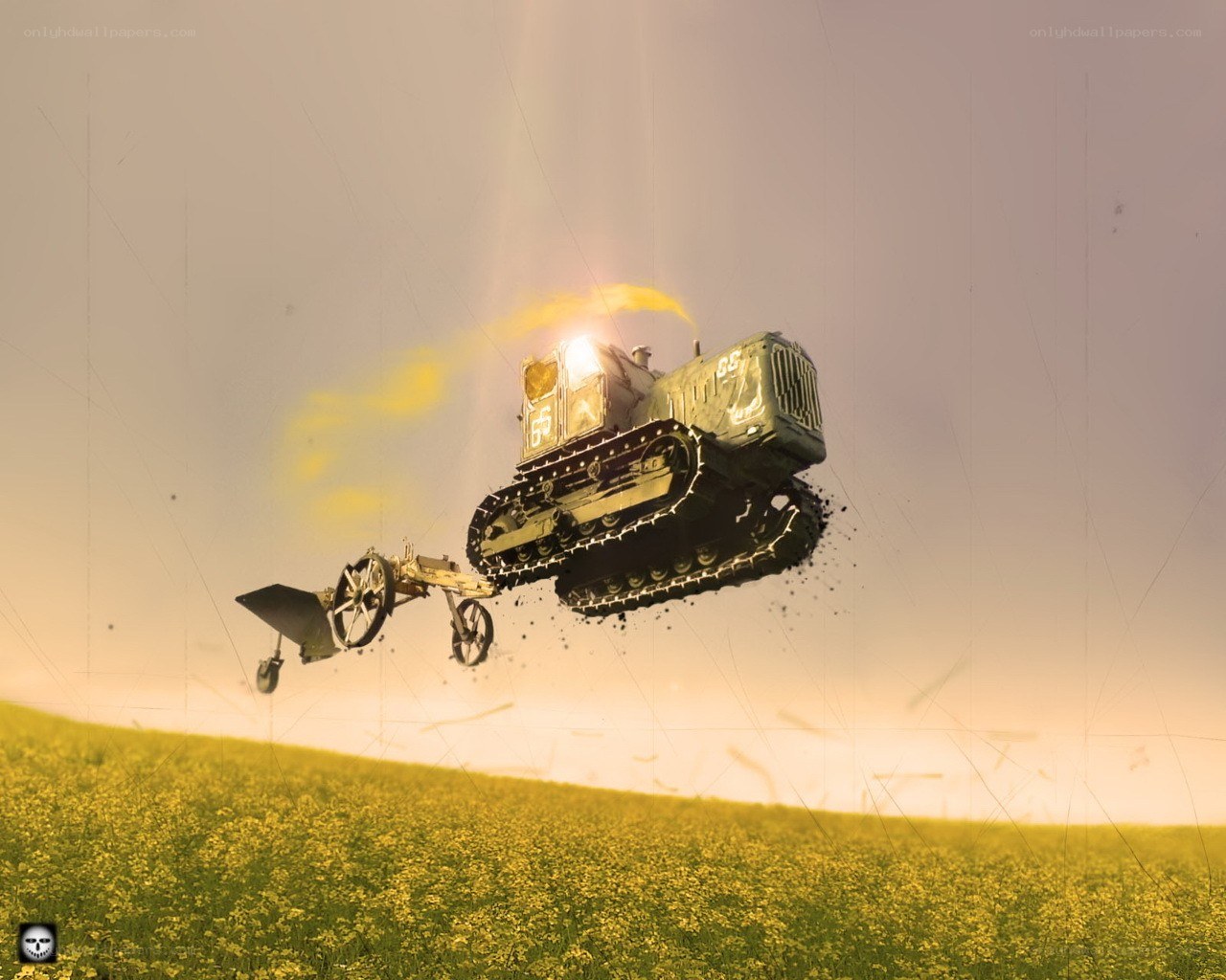 Tractor flying over a field