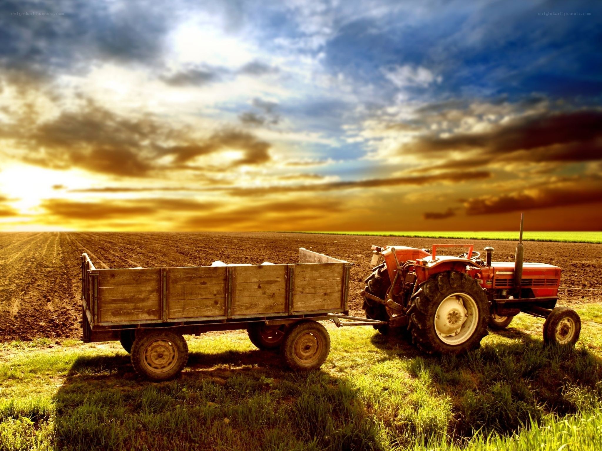 Tractor in a field at sunset