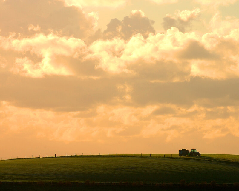 Tractor on a hill at sunset