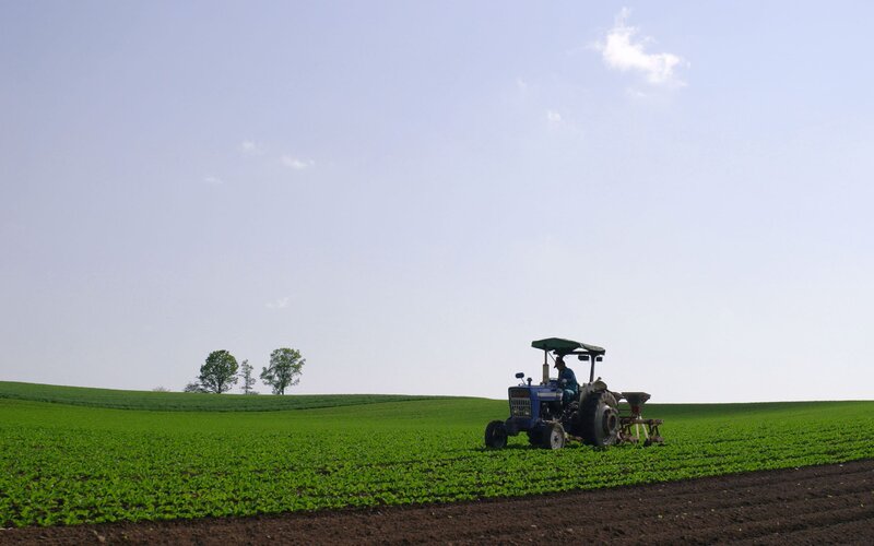 Tractor plowing green field