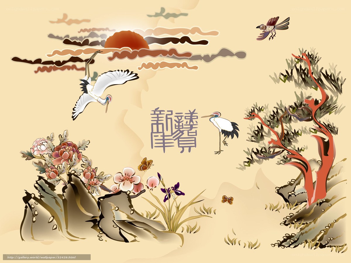 Traditional Asian landscape with cranes