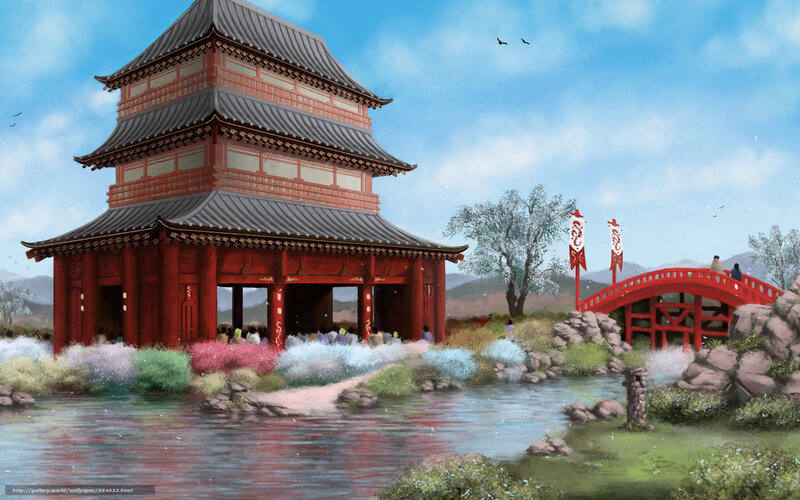 Traditional Asian pagoda by a lake