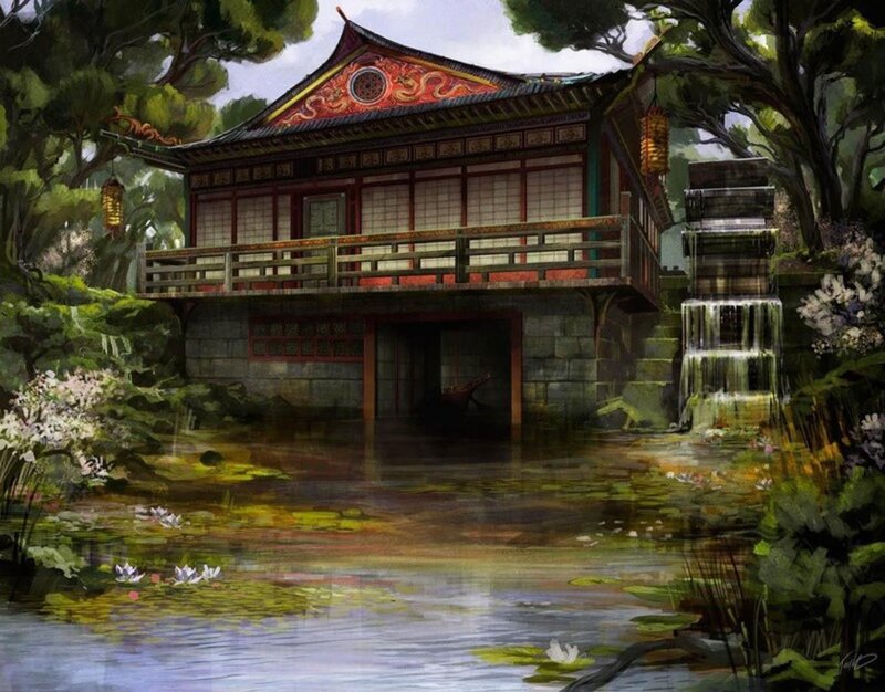 Traditional Asian pavilion by a pond