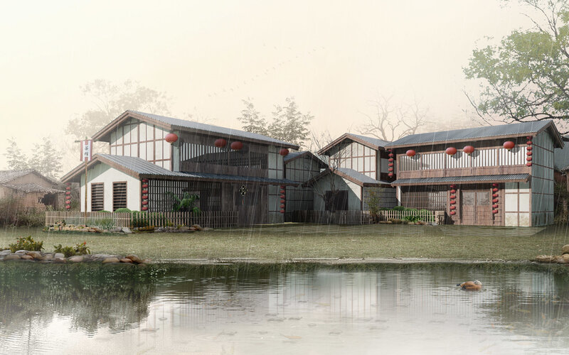 Traditional Asian village in rain