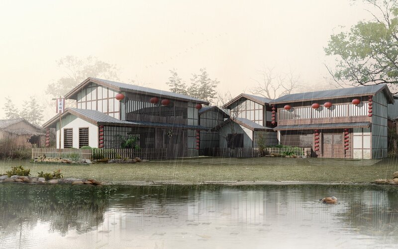 Traditional Asian village in rain