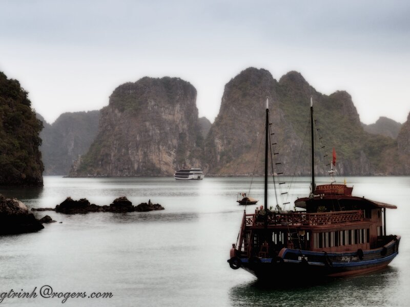 Traditional Boat in Bay — Blue, Serene, Photograph
