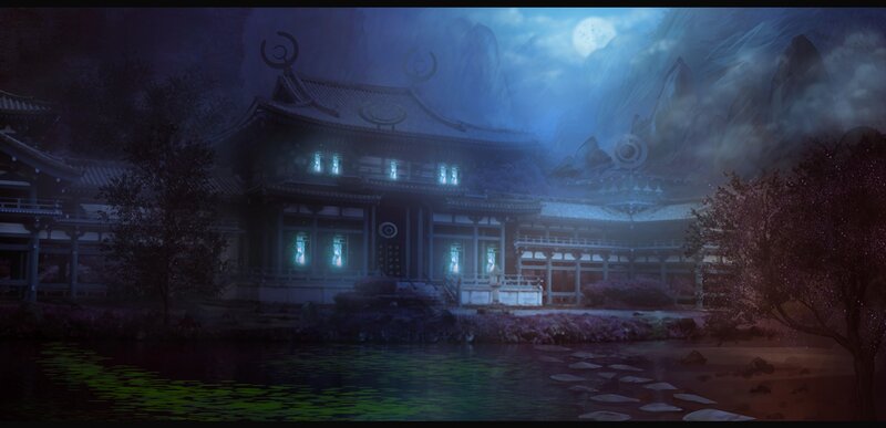 Traditional Building at Night — Blue