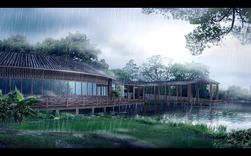 Traditional Building in Rain — Green