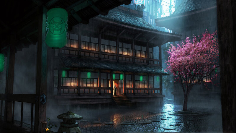 Traditional Building in Rain