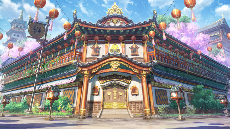 Traditional Building with Lanterns — Blue