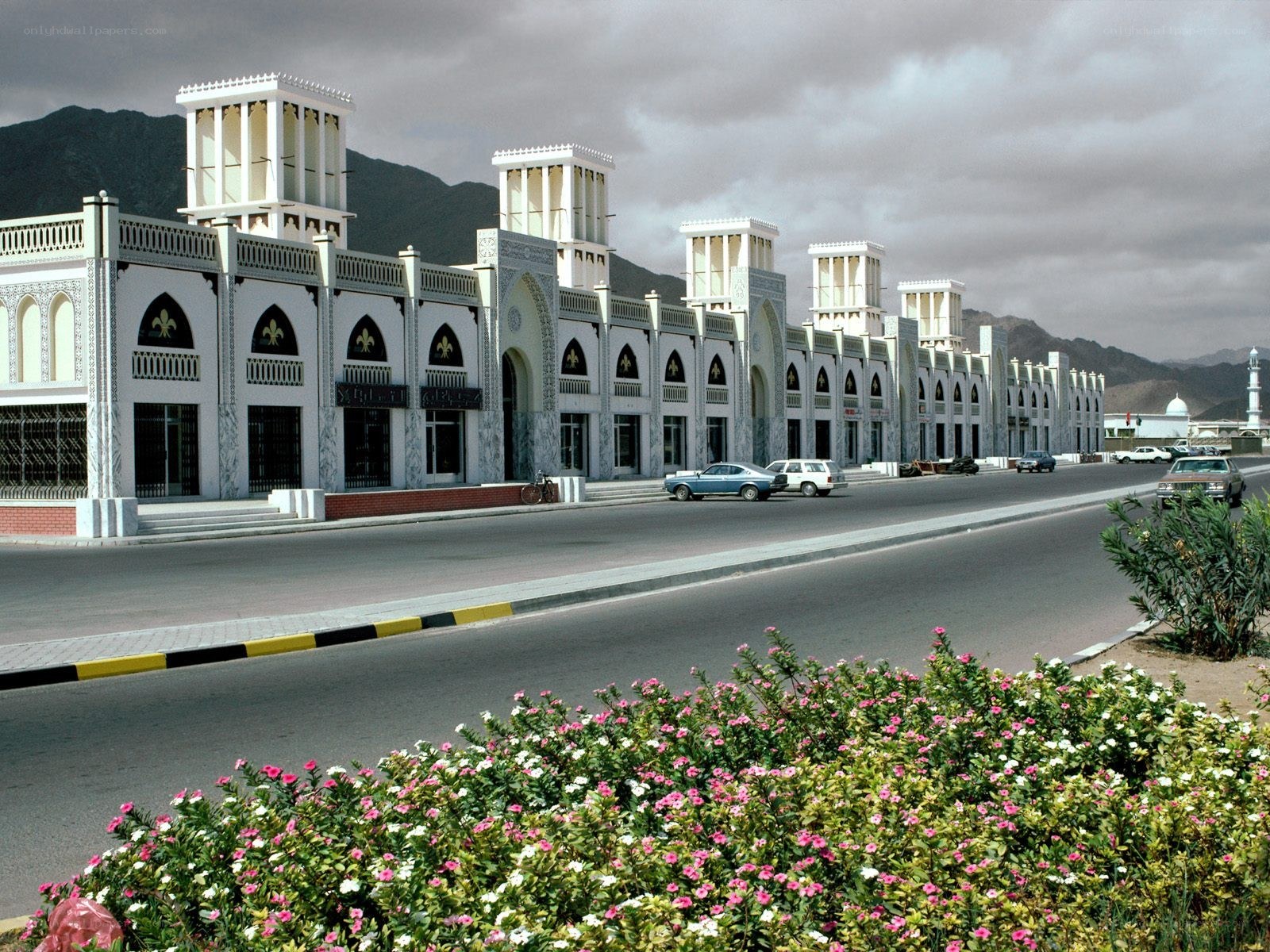 Traditional building with mountains