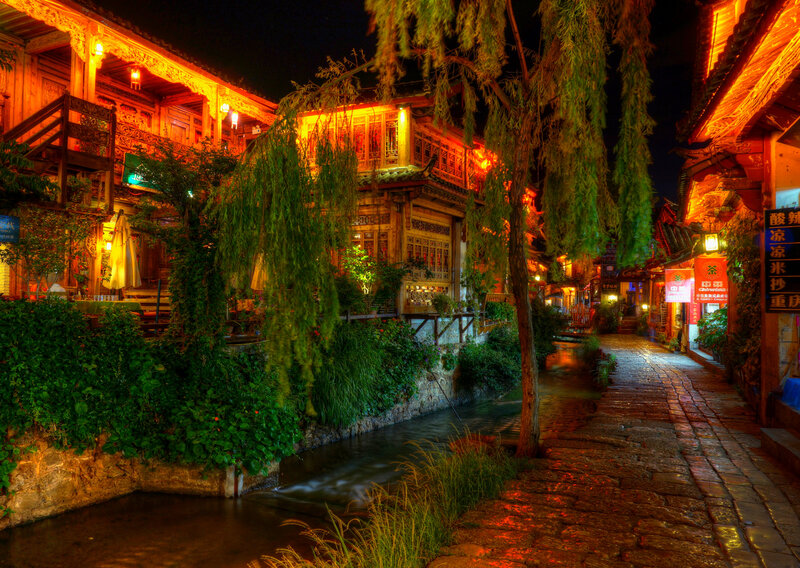 Traditional Buildings at Night — Orange