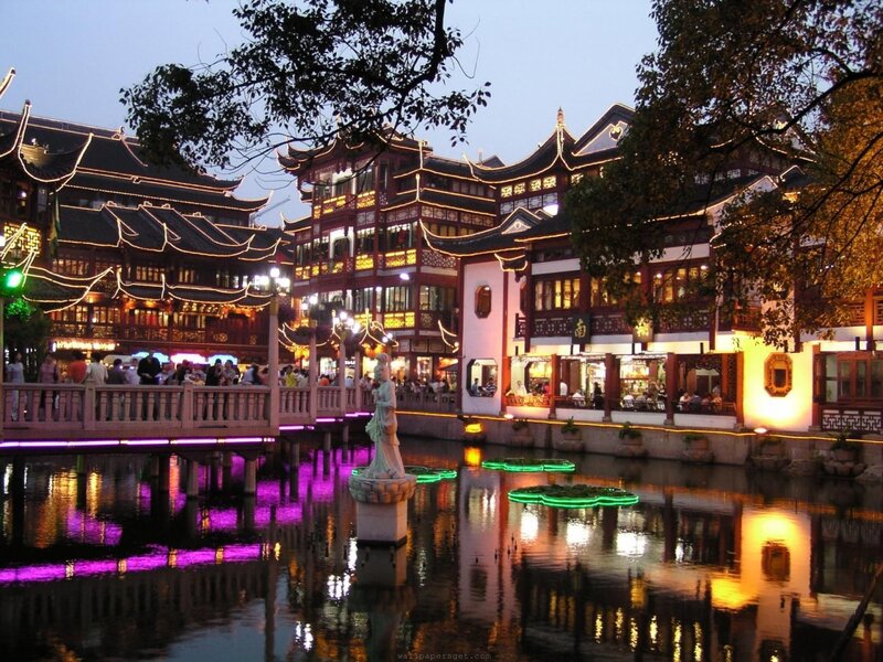 Traditional Buildings at Night — Purple