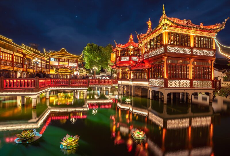 Traditional Buildings at Night — Red
