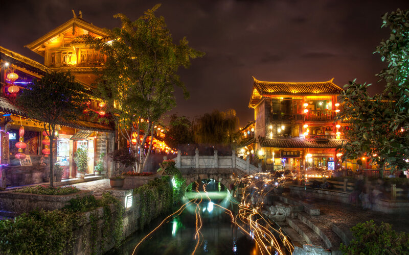 Traditional Buildings at Night