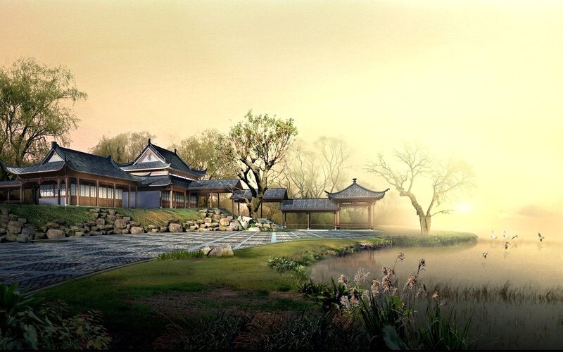 Traditional Buildings by Lake — Yellow