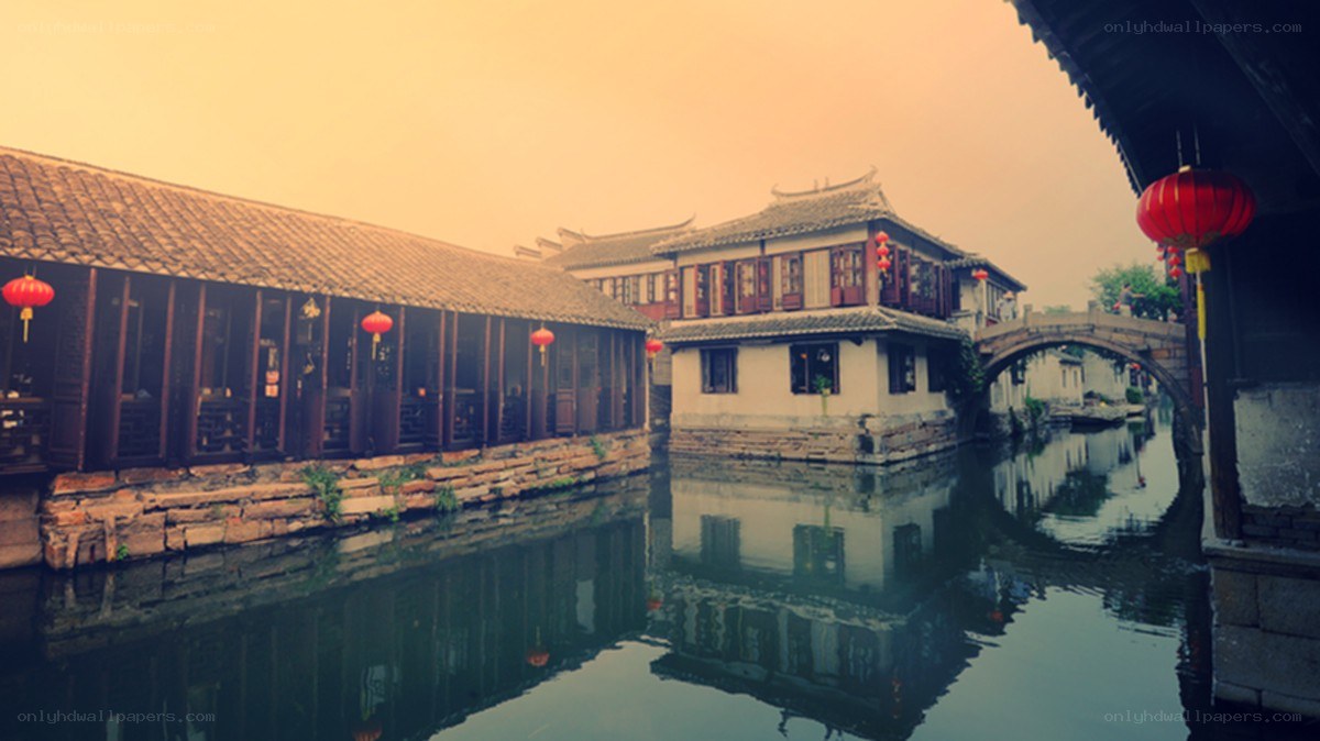 traditional canal town at dusk