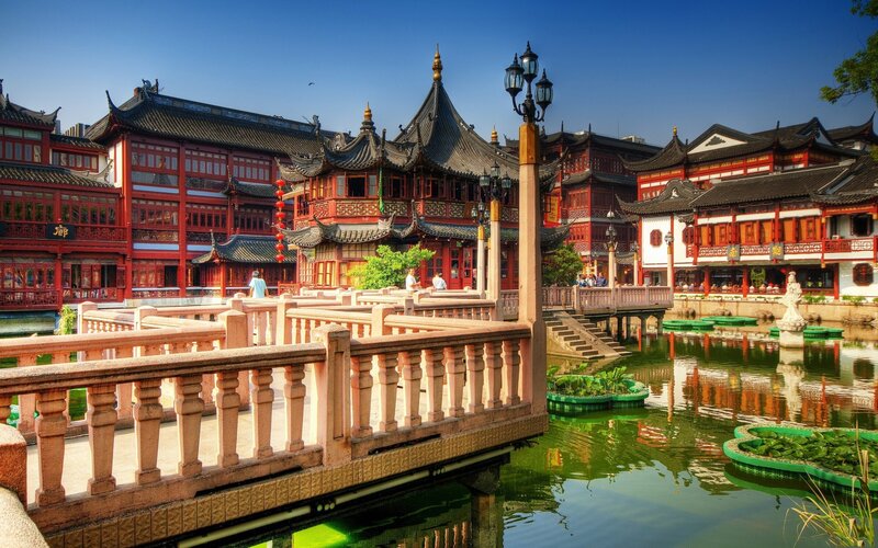 Traditional Chinese Buildings — Red, Serene, Afternoon, Photograph, Pond