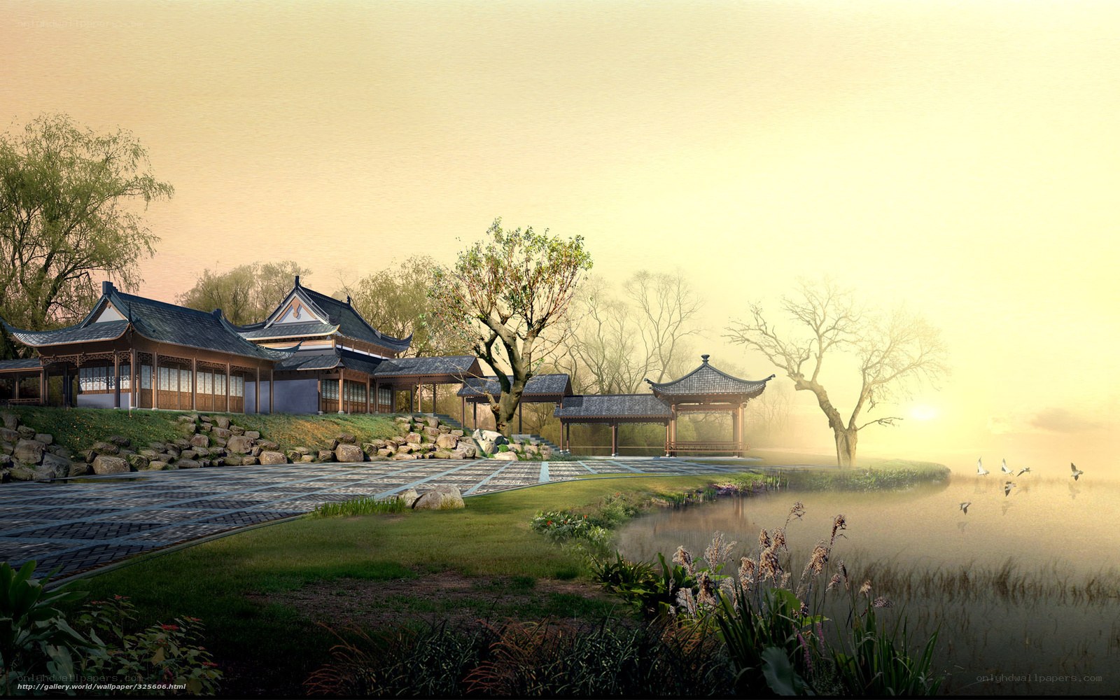 Traditional Chinese garden at sunrise