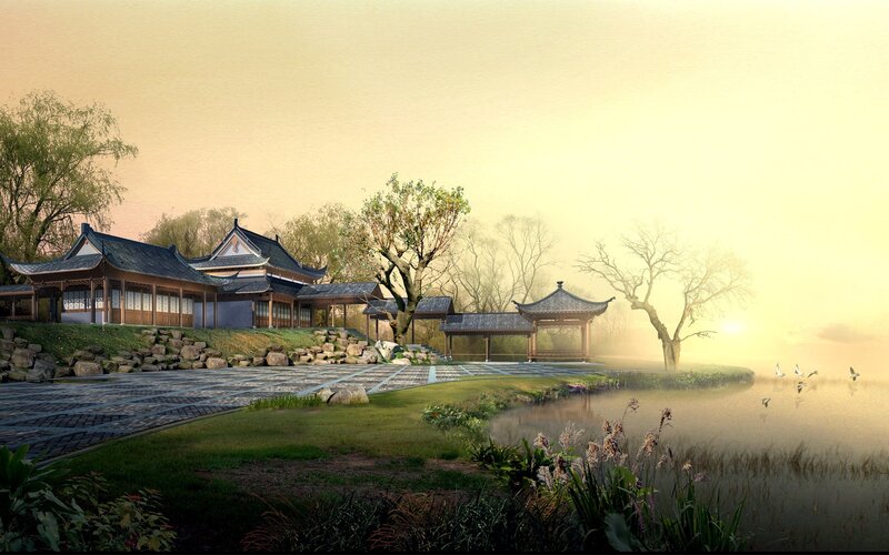 Traditional Chinese garden at sunrise