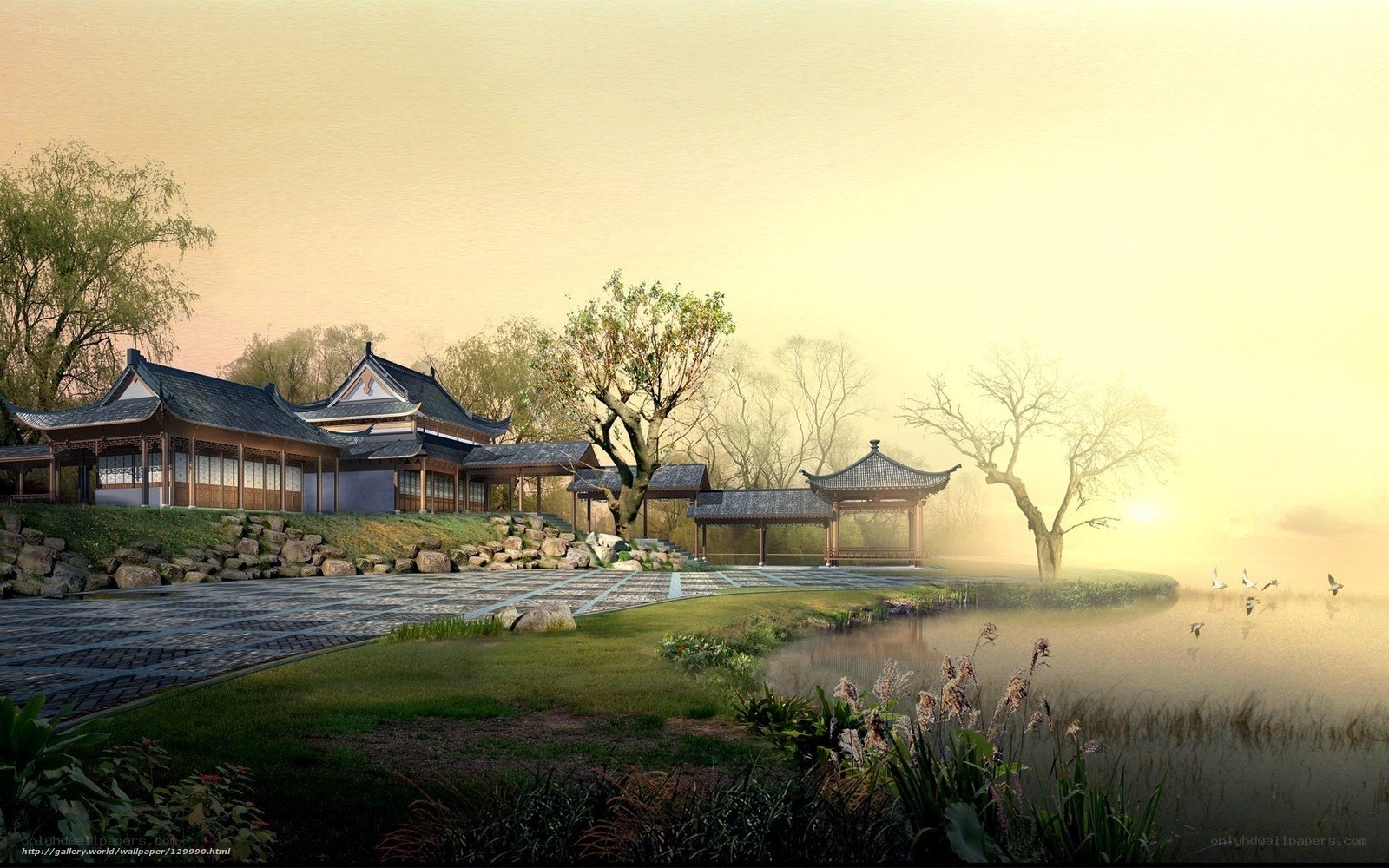 Traditional Chinese garden at sunrise
