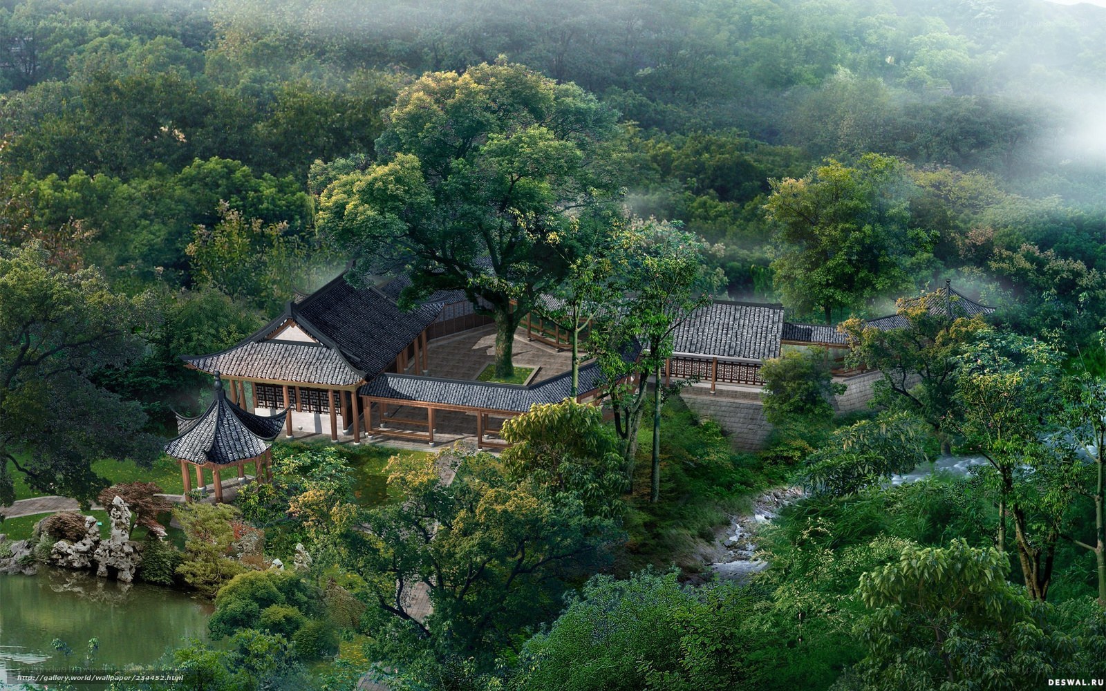 Traditional Chinese garden in mist
