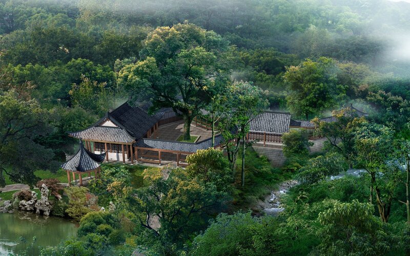 Traditional Chinese garden in mist