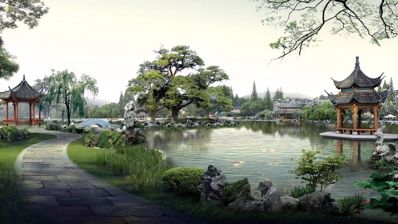Traditional Chinese garden with lake