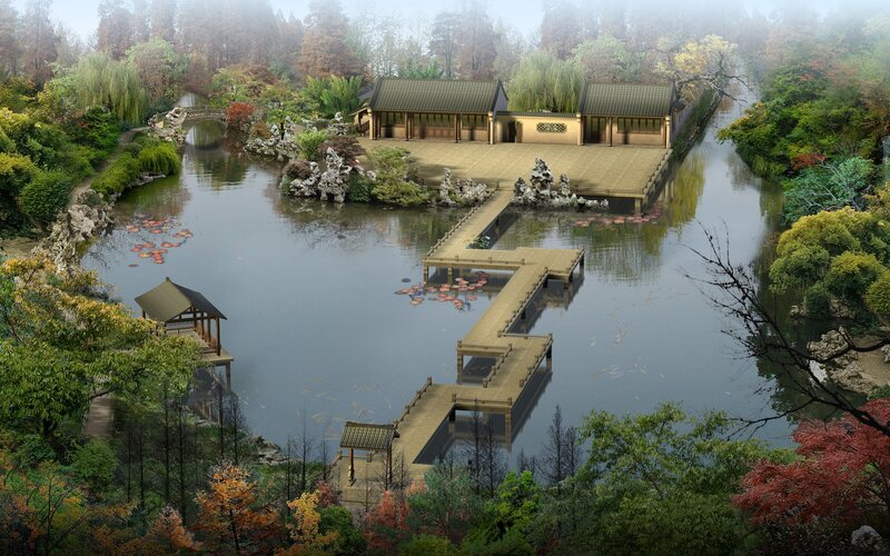 Traditional Chinese garden with pond