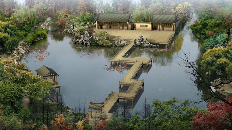 Traditional Chinese garden with pond