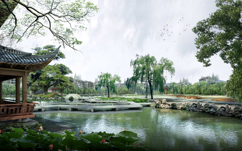 Traditional Chinese garden with pond
