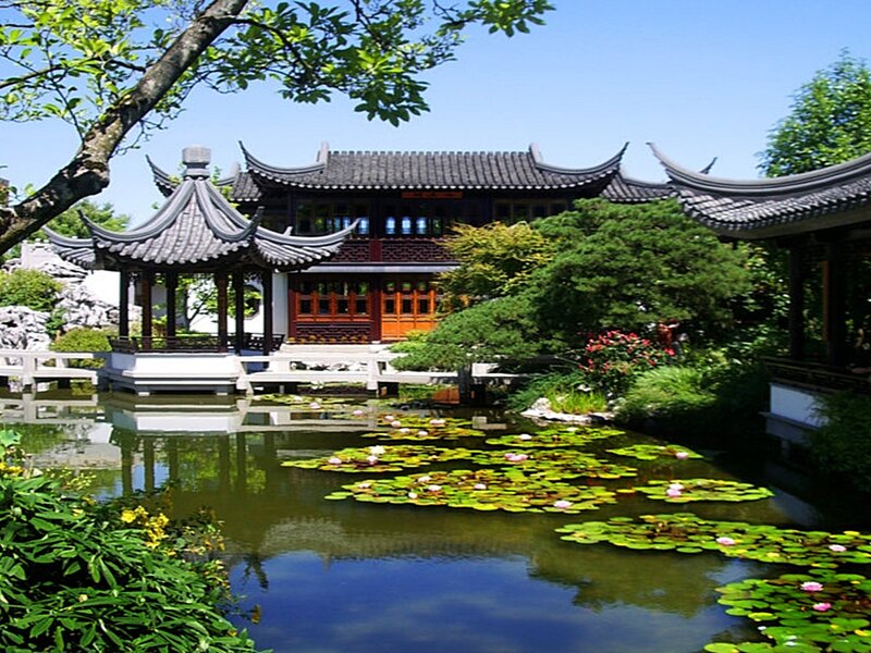 Traditional Chinese garden with pond