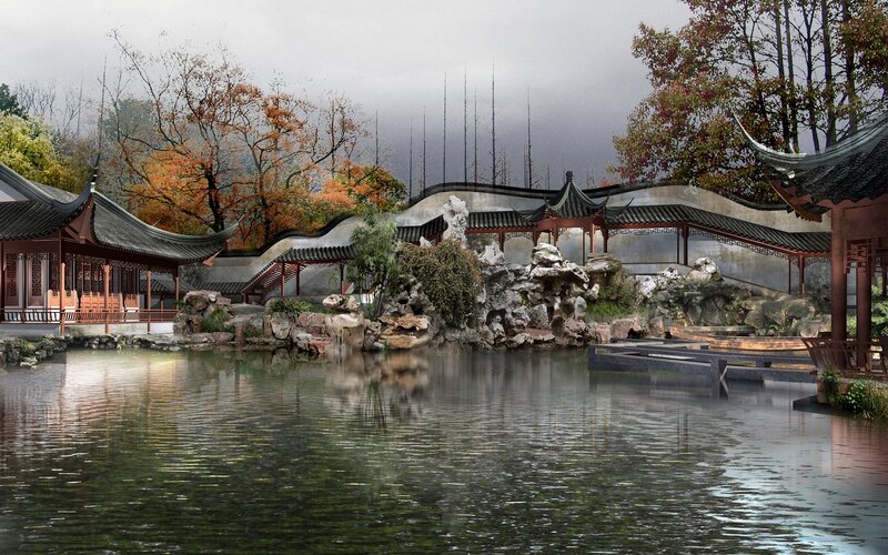 Traditional Chinese garden with pond