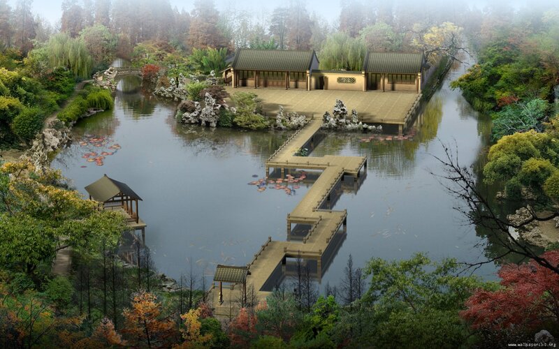Traditional Chinese garden with pond
