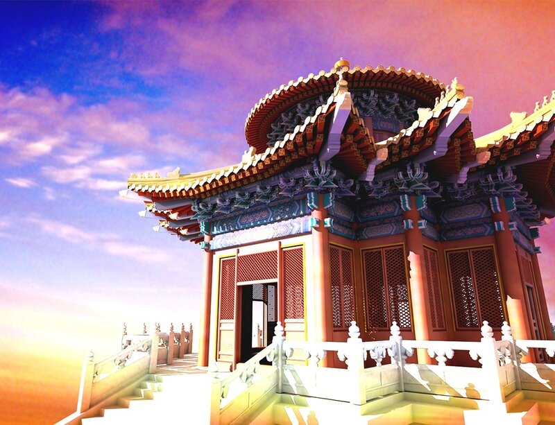 Traditional Chinese pavilion at sunset