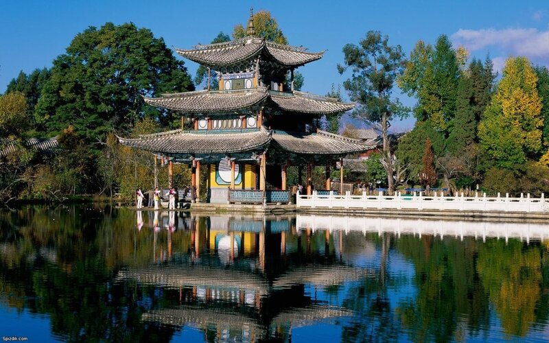 Traditional Chinese pavilion by a lake