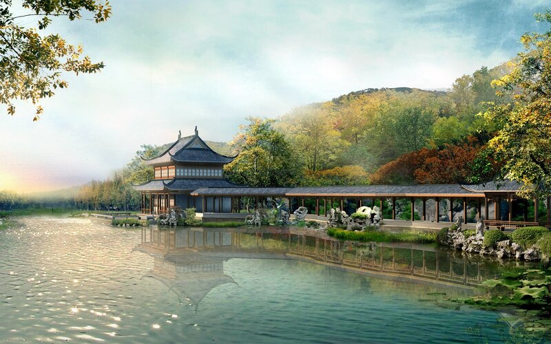 Traditional Chinese pavilion by a lake