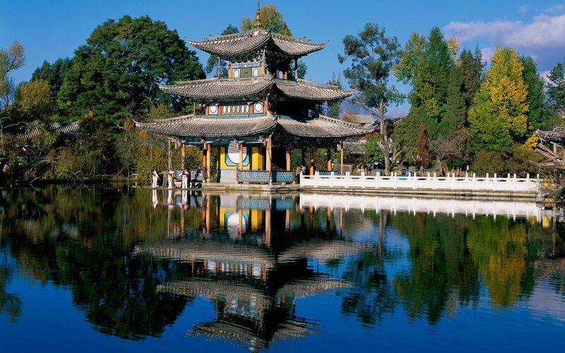 Traditional Chinese pavilion by a lake