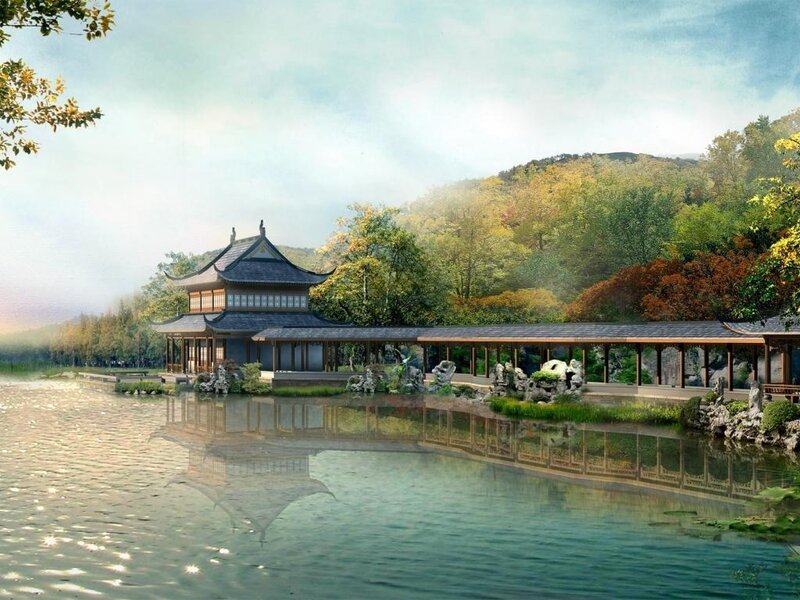Traditional Chinese pavilion by a lake
