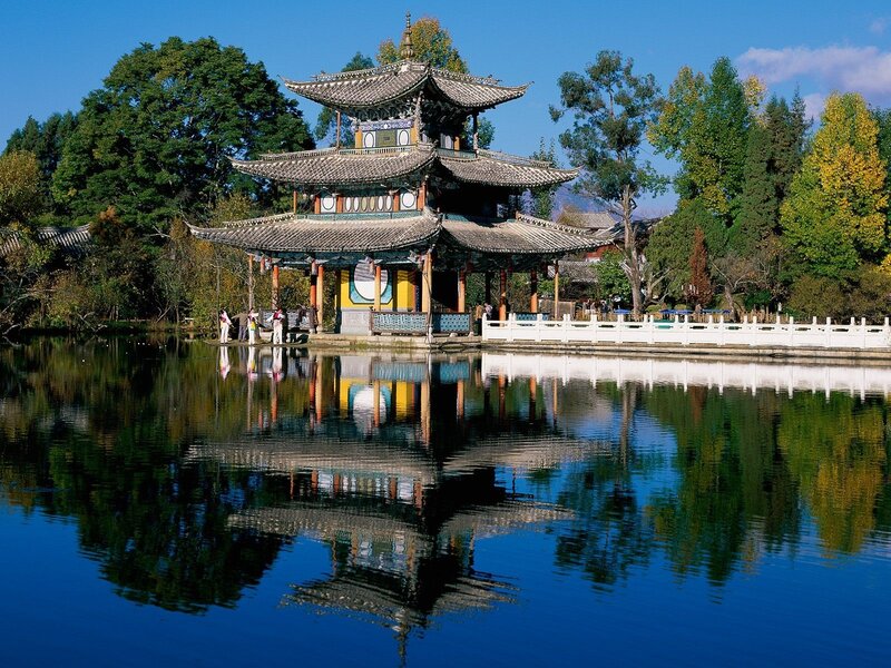 Traditional Chinese pavilion by a lake