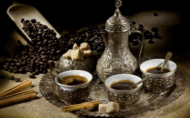 Traditional coffee setup with beans