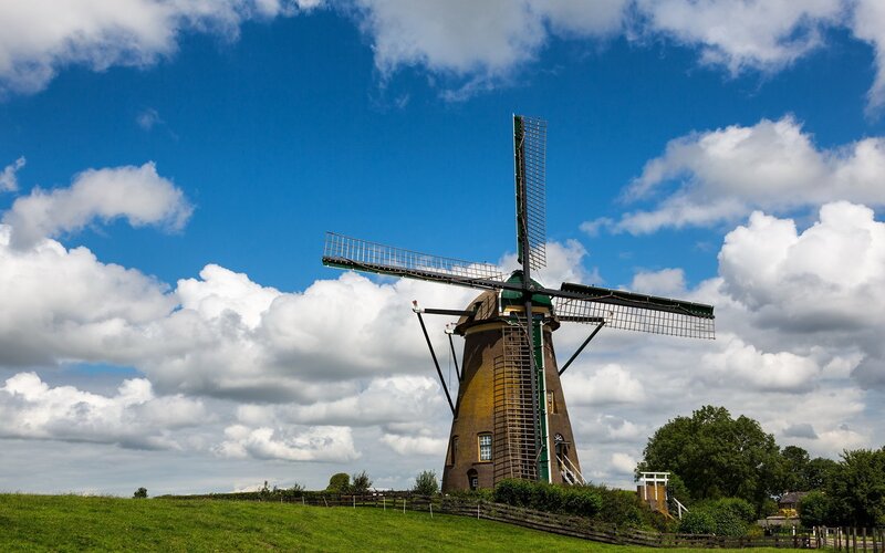 Traditional Dutch windmill on a sunny day