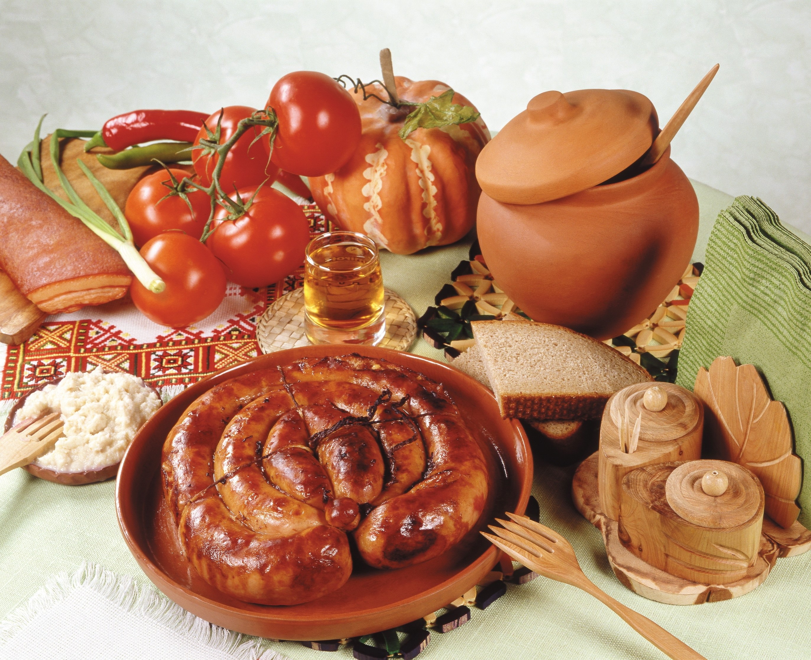 Traditional food spread with sausages