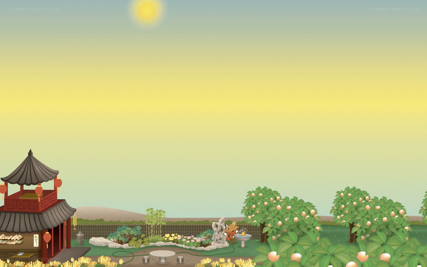 traditional garden at sunset
